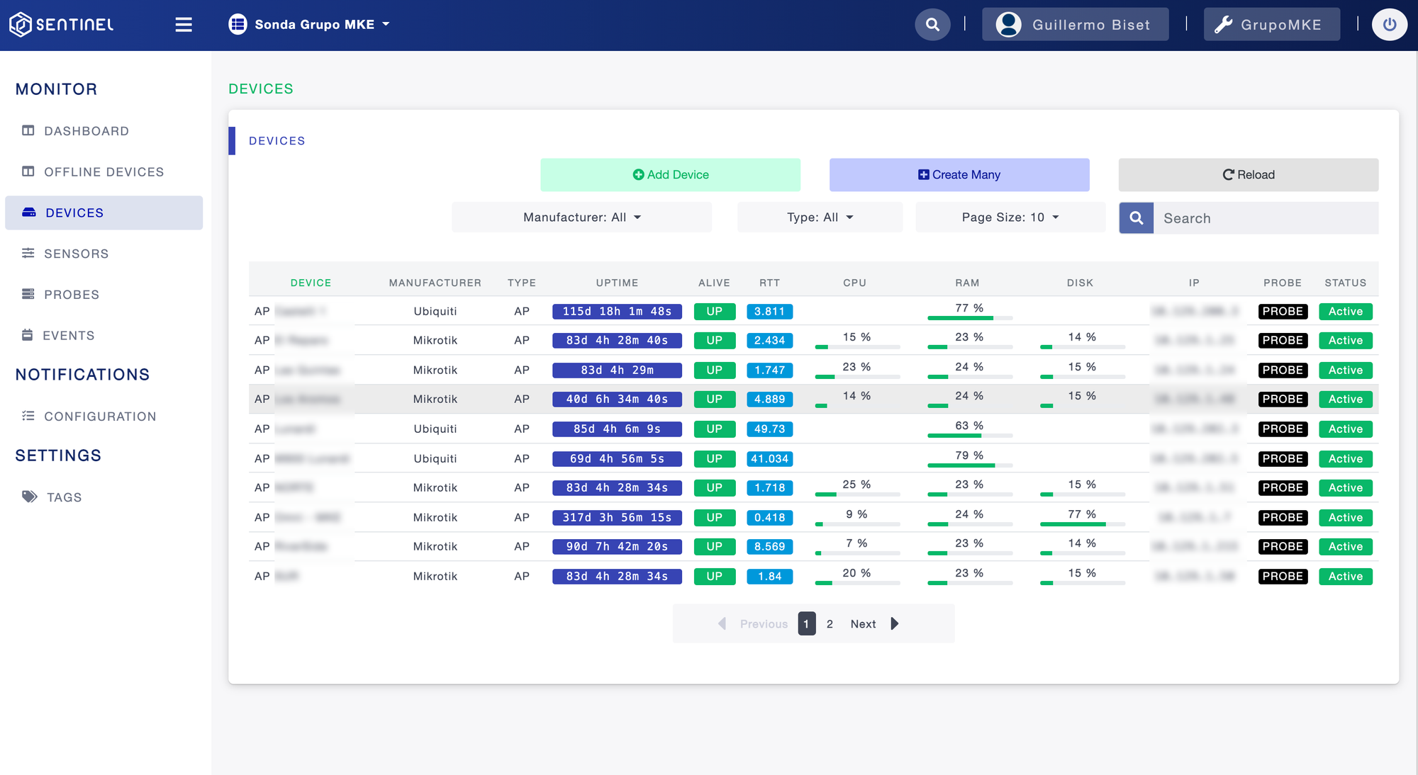 Device List (including status, uptime and resources)